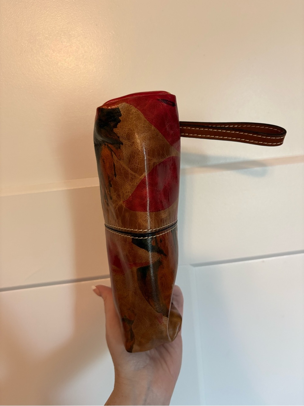 Patricia Nash Brown Floral Leather Wristlet Pouch with Red and Black Accents - Picture 2 of 5